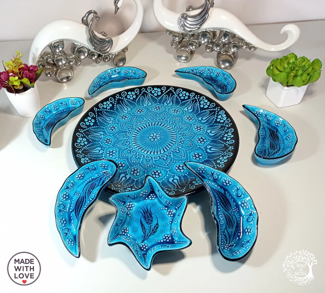 Ceramic Serving Tray & Plates Bowls Set | Breakfast Dinnerware Snack Party  Platter | Decorative Ceramic Serveware Unique Gift